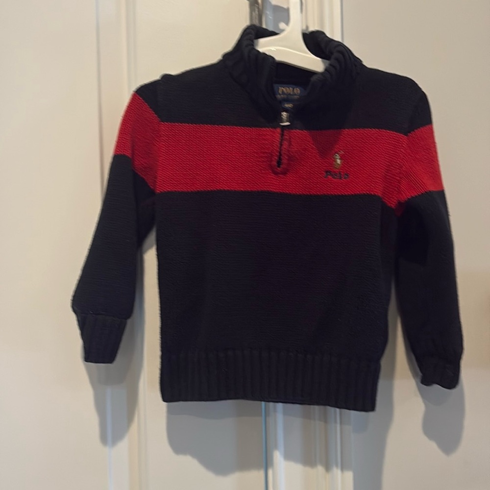Boys Ralph Lauren polo black and red striped quarter zip up sweater size 4/4t